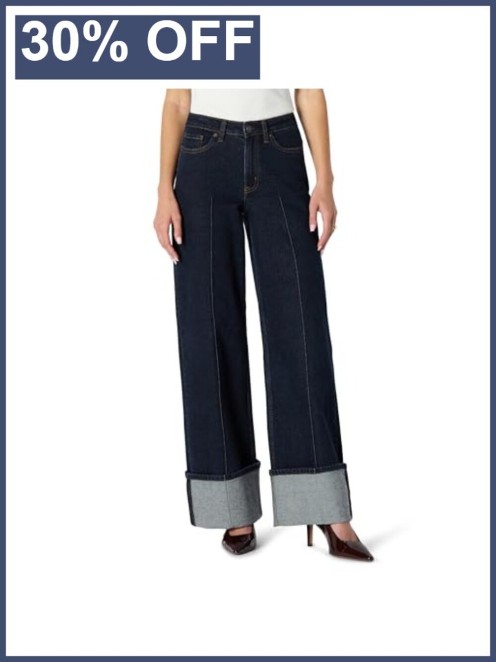 High-Rise Wide Leg Cuffed Jeans for Women, Low Stretch Denim, Pintuck Detail,